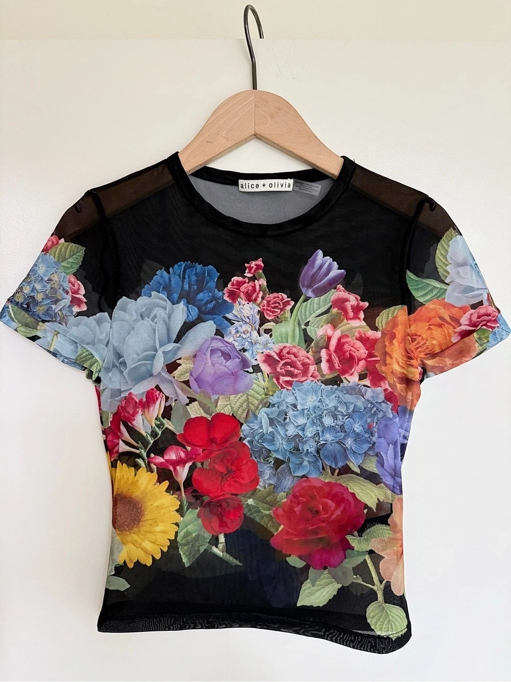 Alice + Olivia Tess Mesh Crewneck Tee Floral Top Black & Multicolor